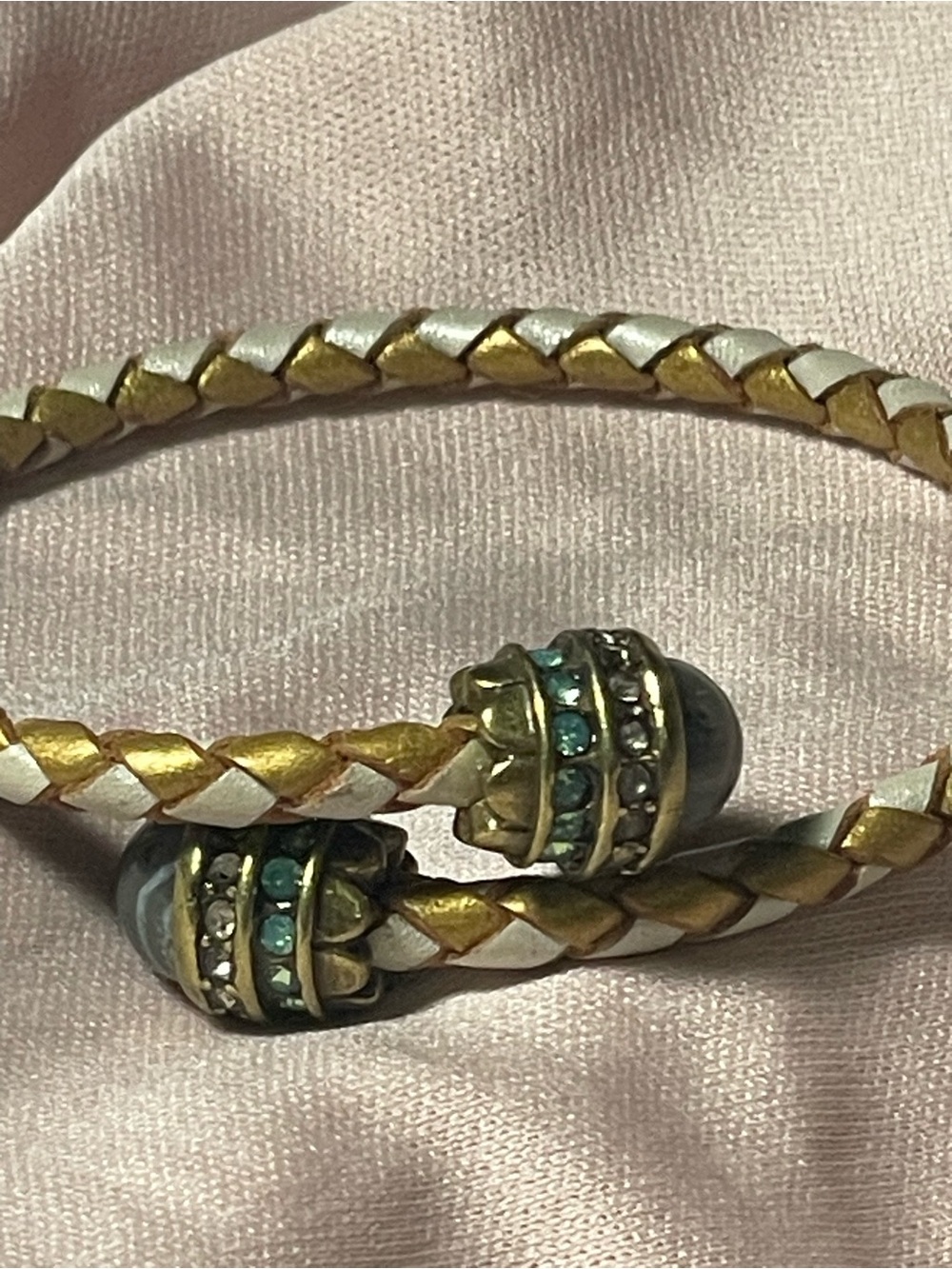 LOFT Gold and White Braided Cuff with Teal Crystal End Caps